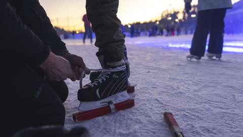 The picture shows an ice rink. In the background you can see people on the ice. In front of the other people there is a grown up putting on ice skates on a child.