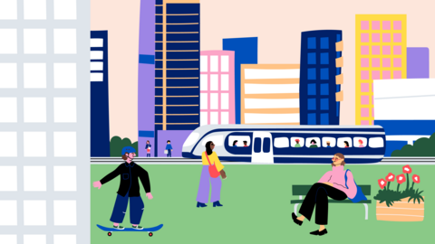 A photo of a cityscape showing a train, a skateboarder, a walker, and a person sitting on a bench.
