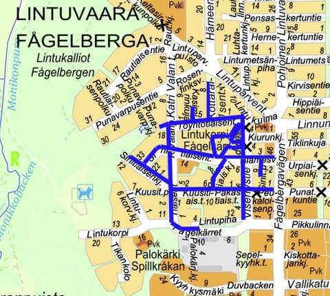 Opaskarttaan on merkitty sinisellä viivalla suunniteltavat kadut.