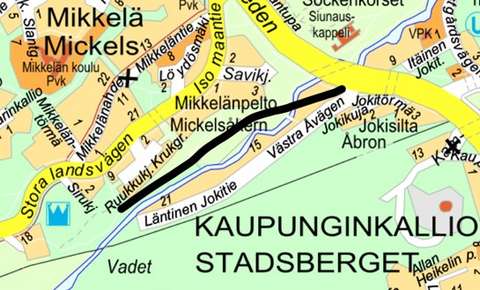 Opaskarttaan on merkitty suunniteltava alue mustalla viivalla.