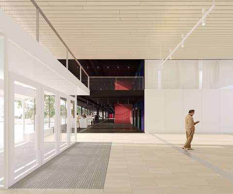 Havainnekuva Espoon kulttuurikeskuksen galleriasta avautuvasta näkymästä teatterin aulaan, jossa näkyvät avarat tilat ja moderni sisustus.