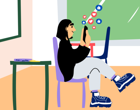 Piirroskuva nuoresta, joka katsoo puhelintaan luokkahuoneessa. 