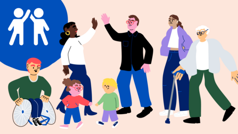 Piirroskuvassa kuvattu erilaisia ihmisiä: mies pyörätuolissa, lapsia, vanha mies kävelykepin kanssa, nuori ja aikuisia eri taustoista. Kaksi henkilöä lyö kättä. Yläkulmassa Espoon kaupungin osallisuussymboli, jossa kaksi tikku-ukkoa lyö kättä.