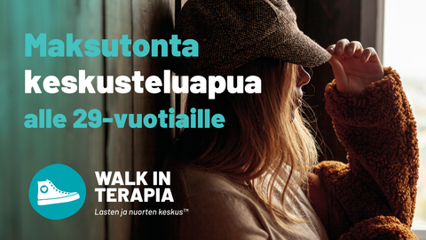 Kuva, jossa on nuori taustalla ja teksti " Maksutonta keskusteluapua alle 29-vuotiaille