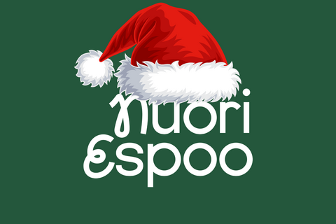 NuoriEspoon logo tonttulakissa. Vihreä tausta ja valkoinen nuori espoo teksti. 