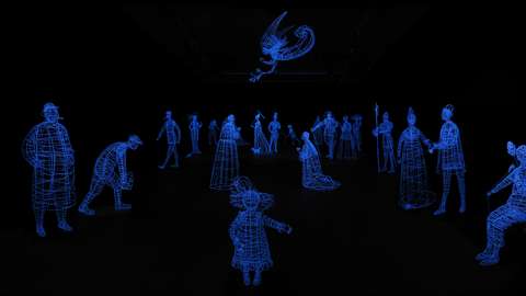 Pimeässä hohtavia ihmishahmoja. 