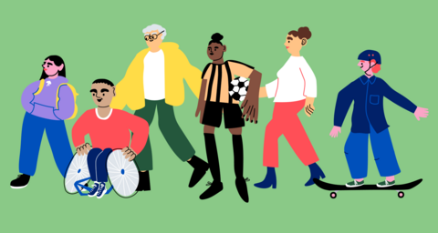 Piirroskuvassa erilaisia ihmisiä rivissä: nuori reppu selässä, mies pyörätuolissa, harmaapäinen mies, nainen jalkapallon kanssa, nainen kävelemässä ja lapsi rullalaudalla.
