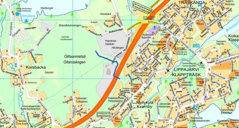 Havainnekuvassa karttaan piirretty viiva tulevan ladun sijainnista 