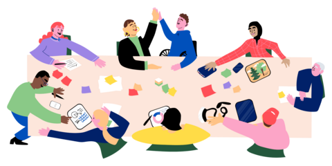 Piirroskuvassa iso pöytä, jonka päällä digilaitteita ja paperilappuja. Pöydän ääressä istuu erilaisia ihmisiä. Kaksi heistä lyö kättä.