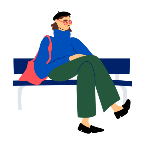 Piirroskuva apean näköisestä henkilöstä istumassa penkillä.