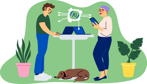  Piirroskuva kahdesta tietokoneilla olevasta ihmisestä.