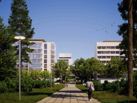 Laatoitetulla Tapionraitilla kävelee jalankulkija kohti Heikintorin kauppiastavarataloa. Raitin molemmin puolin näkyy kerrostalot ja paljon kaupunkivihreää, raitin päässä Tapiolan maamerkki Keskustorni.