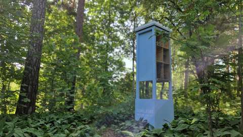 Vaaleansininen, noin kaksimetrinen tornirakenne keskellä vehreää metsää. 