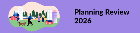 The image has text planning review 2026 and drawn pictures of an urban environment.