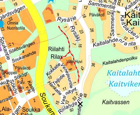 Opaskarttaan on merkitty suunnittelulinjaus punaisella pistekatkoviivalla.