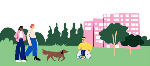 Kävely kaupunkimaisemassa.