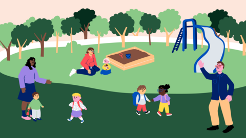 Piirroskuvassa leikkiviä lapsia leikkikentällä.