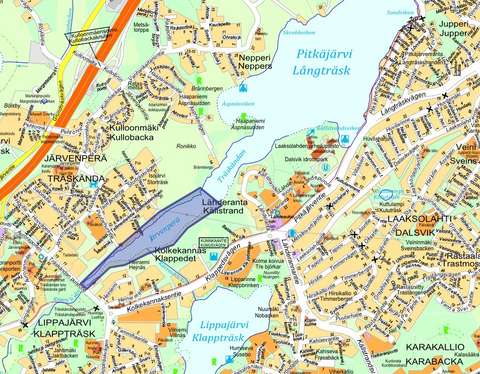 Suunnittelualue on merkitty opaskarttaan sinisellä varjostuksella.