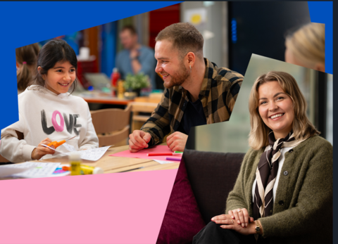 Kaksi kuvaa, joista toisessa opettaja oppilaan kanssa pulpetin ääressä ja toisessa kuvassa naispuolinen työntekijä istuu sohvalla ja kameraan.