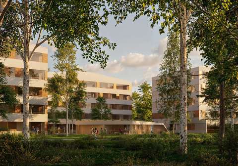 Näkymäkuva puistosta uusien asuintalojen pihalle.