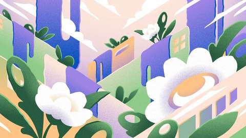 Piirroskuvassa kukkia ja erilaisia muotoja. 