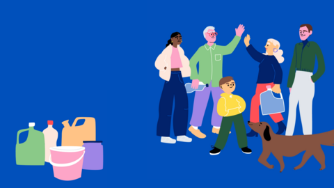 Ihmisjoukko josta osalla kädessä vesiastioita, etualalla ämpäreitä ja vesikanistereita.