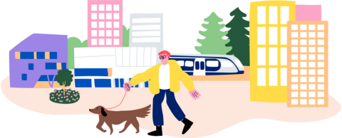 Piirroskuvassa koiranulkoiluttaja kaupunkimaisemassa.