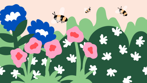 The drawing shows flowers and buzzing little insects.