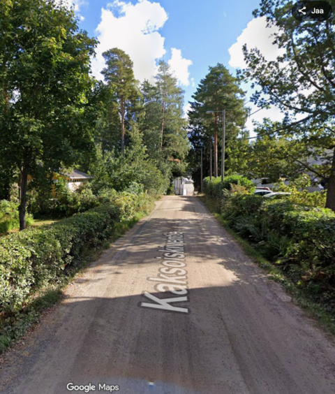 Keskellä hiekkatie, jonka molemmilla puolilla pensasaita ja viheraluetta