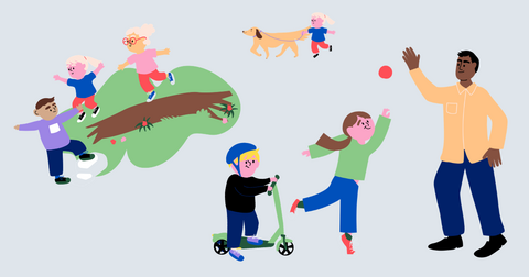 Piirroskuva aikuisista ja lapsista liikkumassa yhdessä ja ulkoilemassa.