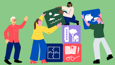 Piirroskuvassa neljä erilaista henkilöä kasaamassa viittä isoa rakennuspalikkaa, joihin on kuvattu luontoa, taloja merta, papereita ja kynä ja säästöpossu.