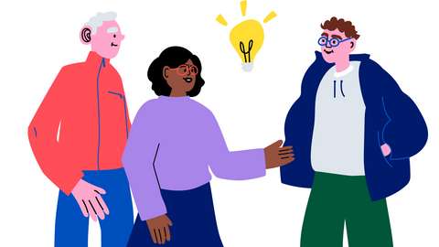 Piirroskuvassa kolme henkilöä keskustelee. Heidän päidensä yllä on idealamppu.