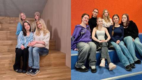 Kahden kuvan kollaasi, jossa kummassakin ryhmä opiskelijoita istumassa portailla.