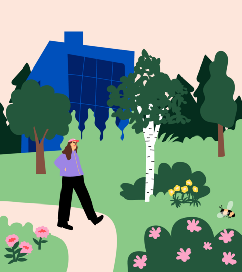 Kuvituskuva, jossa nainen kävelee luonnossa.