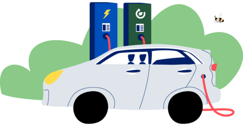 På teckningen är en elbil under laddning.