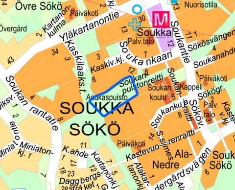 Kuvassa on havainnollistettu hankkeen alue. Hankkeen alue rajautuu Soukan asukaspuistoon Soukan koulun taakse.