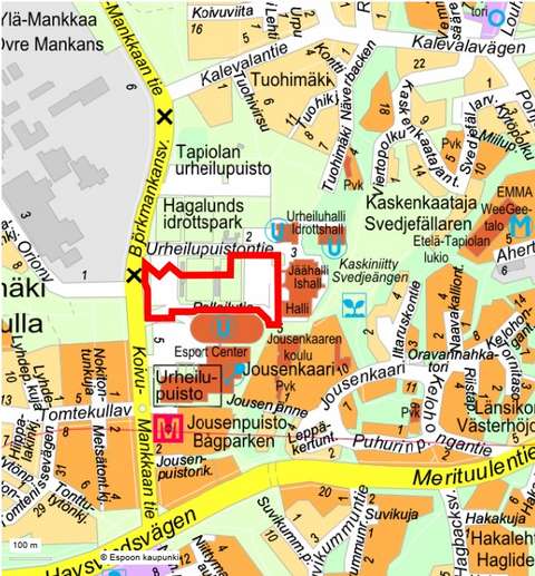 Kuvassa on rajattu hankkeen alue, joka ulottuu Koivu-Mankkaantieltä Metroareenan eteen, välittömästi Esport- centerin pohjoispuolella, sen ja Urheilupuistontien välissä.