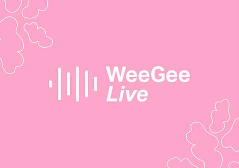 Vaaleanpunainen kuva jossa WeeGee Live -logo.