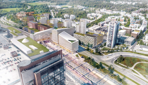 Havainnekuvassa Leppävaaran uusi pohjoinen keskusta ja radan yli vievä kansirakenne ilmakuvana.