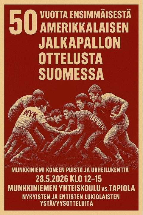 Mainosjulisteessa kuva jenkkifutista pelaavista ihmisistä.
