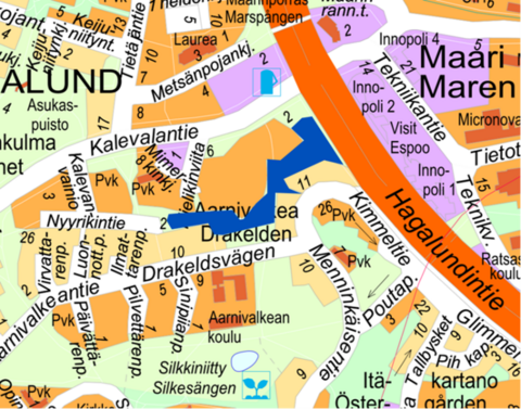 Opaskartta kuva havainnollistaa hankkeen alueen, joka on Hopealehdon puisto Tapiolassa.