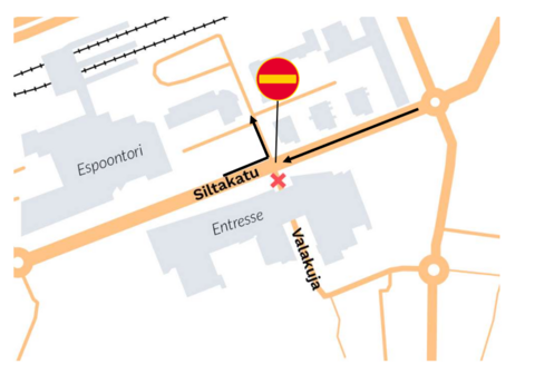 Kartta, johon on piirretty punainen rasti sekä kielletyn ajosuunnan liikennemerkki.
