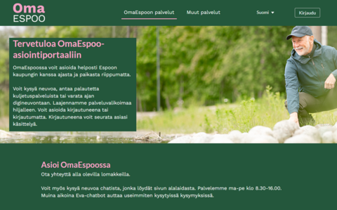 Kuvakaappaus OmaEspoo-palveluportaalin etusivulta.