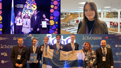 A collage, in the image up left shows four young people: three people with medals and one with a diploma. The leftmost young person is holding the Finnish flag. The image up right show a student with a silver medal. The image at the bottom center there are seven people in a row. Three of them are holding the Finnish flag. They are also wearing medals on their necks.