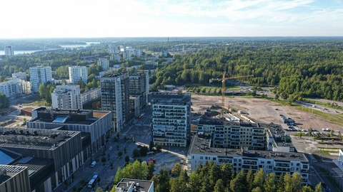 Aerial view of the Mårtensbo area in Espoonlahti. The Lippulaiva shopping centre is visible on the left side of the image.