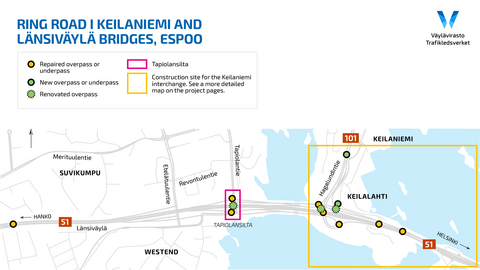 Map showing the bridges to be repaired and the interchange construction site area.