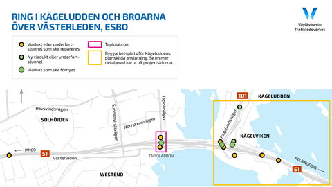 Karta som visar de broar som ska repareras och arbetsområdet för trafikplatsbygget.