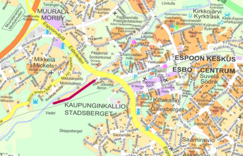 Opaskarttakuva havainnollistaa hankkeen alueen, joka on Läntisen Jokitien alue Kaupunginkalliossa.