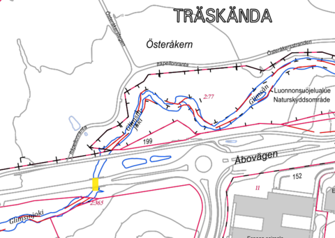 Kuvakaappaus Espoon karttasovelluksesta ja siihen merkattu keltaisella sillan sijainti.