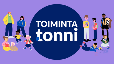 Eri ikäisiä piirrettyjä hahmoja harrastamassa erilaisia asioita. Keskellä lukee tummansinisessä pallossa valkealla tekstillä Toimintatonni.